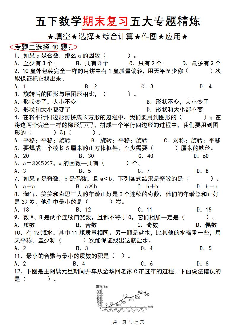 五年级下册数学【期末复习五大专题精炼（专题二：选择）】 - 奥一学习网 WWW.AYW.CC