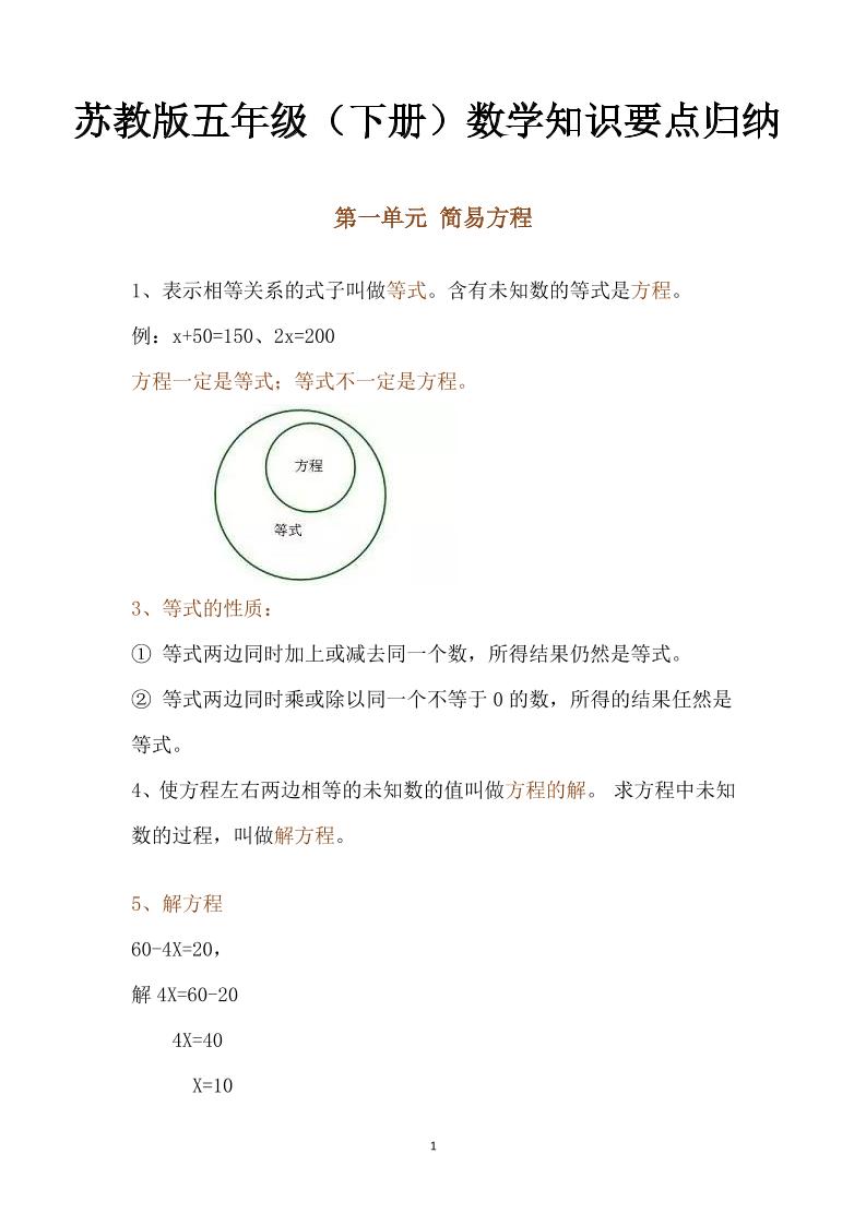 五年级下册数学：苏教版数学知识点归纳 - 奥一学习网 WWW.AYW.CC