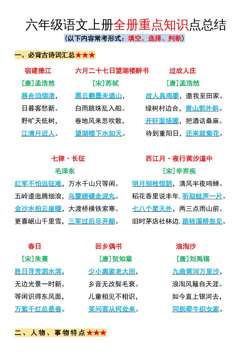 六年级语文上册全册重点知识点总结 - 奥一学习网 WWW.AYW.CC