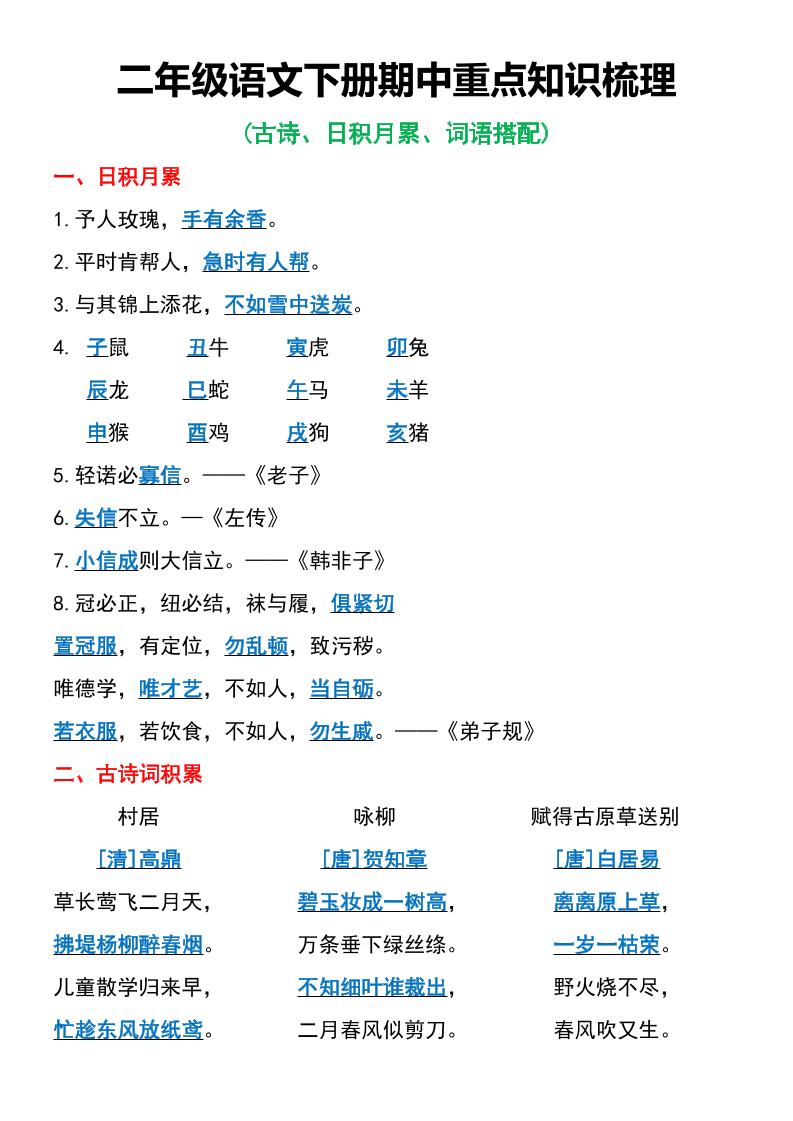 二年级语文下册期中重点知识梳理6页 - 奥一学习网 WWW.AYW.CC