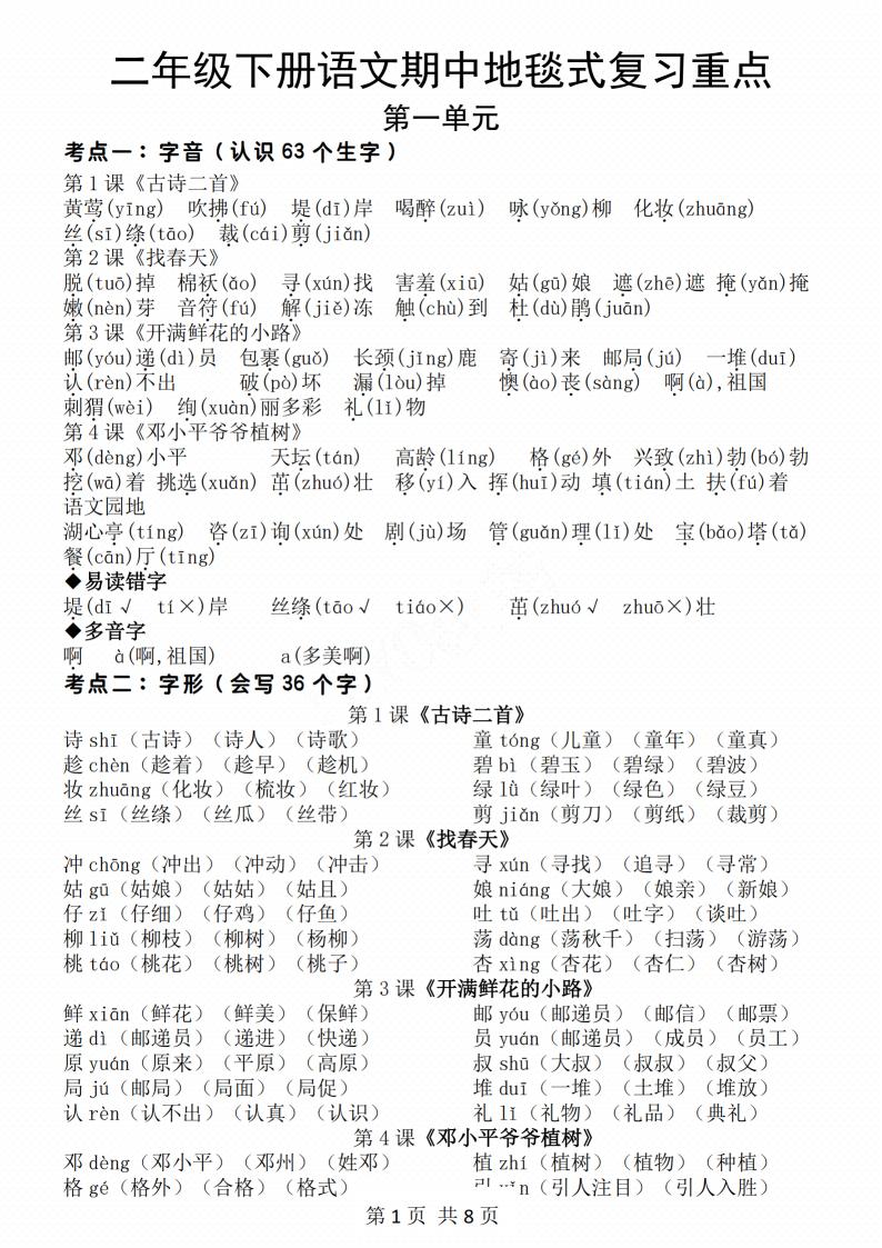 二年级下册语文期中地毯式复习重点8页 - 奥一学习网 WWW.AYW.CC