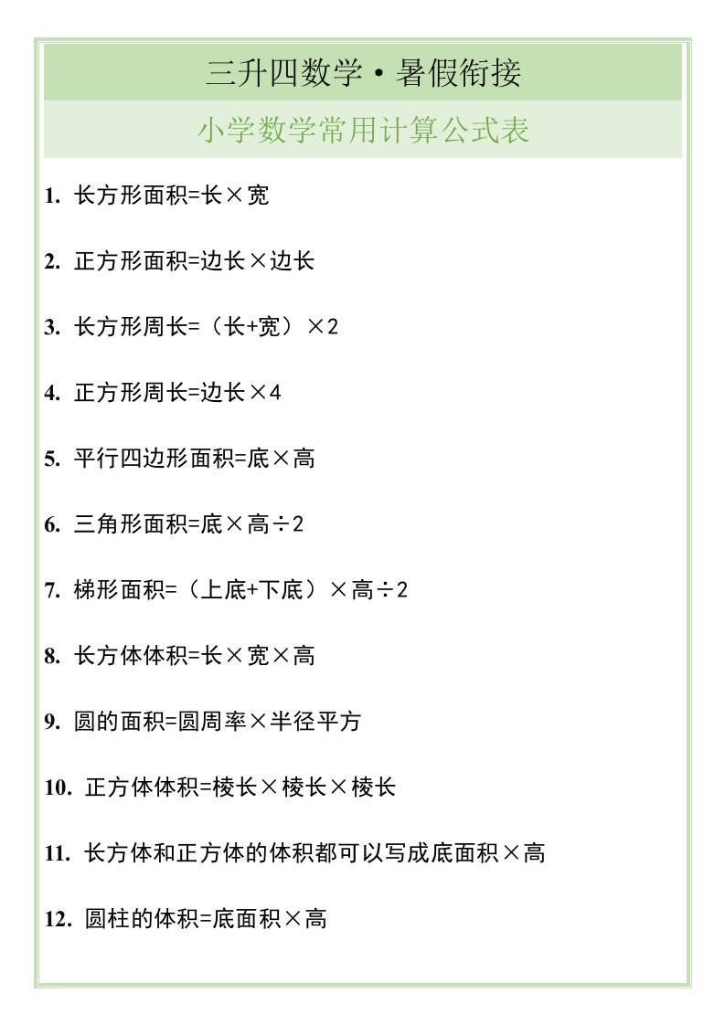 三升四暑假衔接，小学数学常用计算公式表-四年级上册数学 - 奥一学习网 WWW.AYW.CC