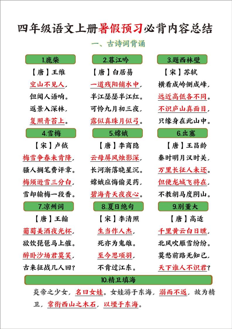 四年级语文上册暑假预习必背内容总结 - 奥一学习网 WWW.AYW.CC