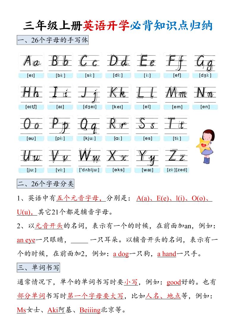 三年级上册英语开学必背知识点归纳 - 奥一学习网 WWW.AYW.CC