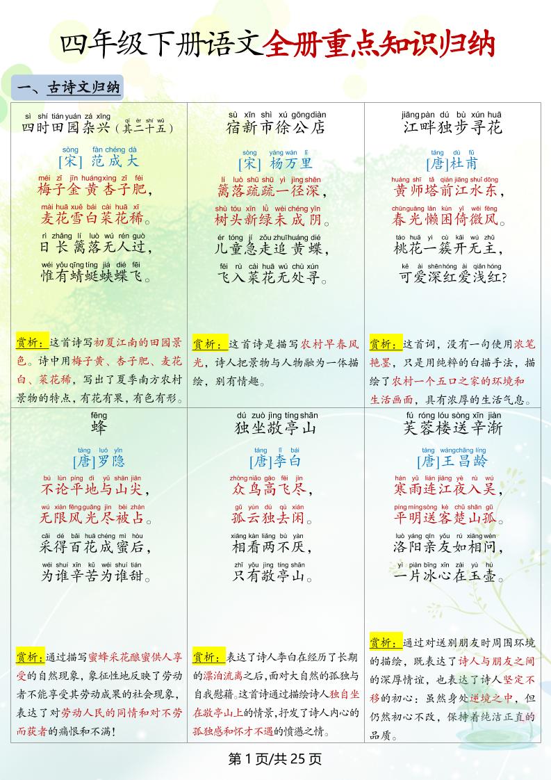 四年级下册语文全册重点知识归纳 - 奥一学习网 WWW.AYW.CC
