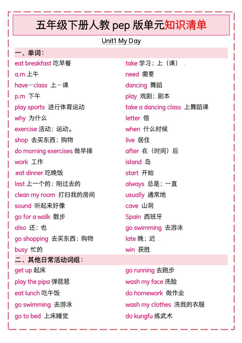 五年级下册英语人教pep版单元知识清单 - 奥一学习网 WWW.AYW.CC