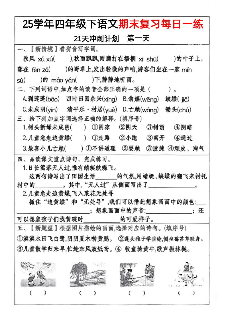 四年级下册语文期末复习每日一练冲刺21天计划21页 - 奥一学习网 WWW.AYW.CC