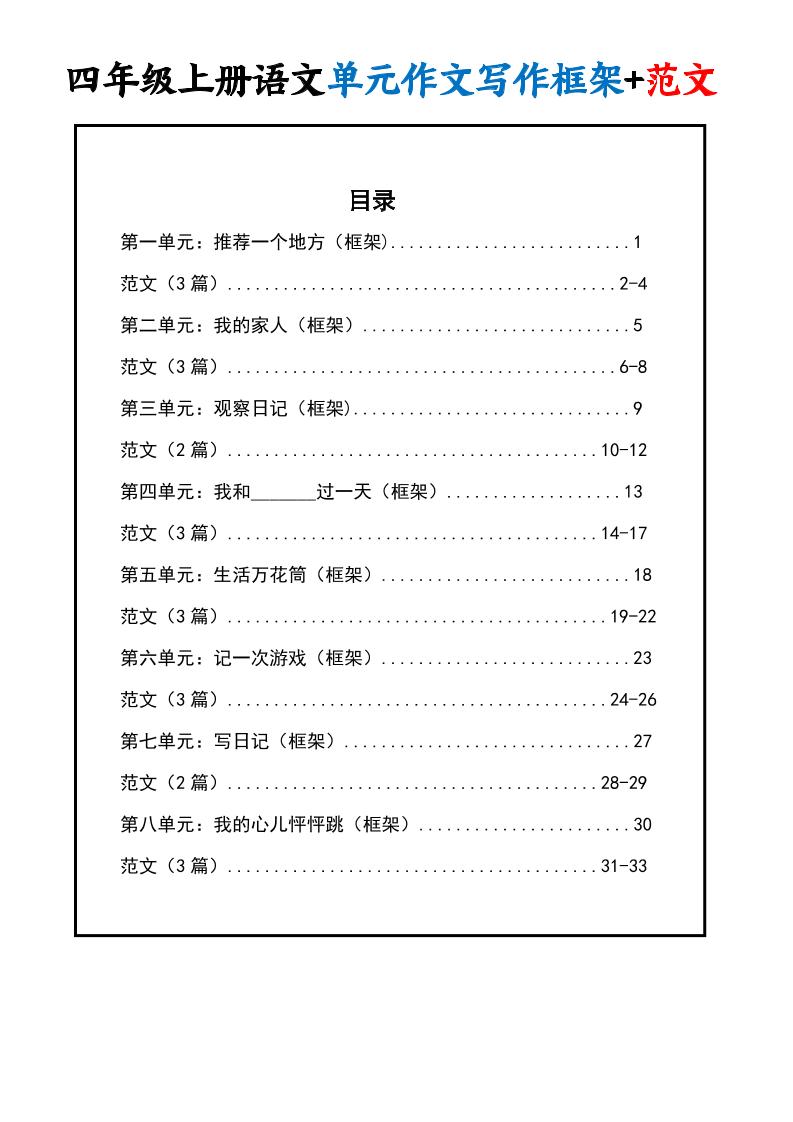 四年级上册语文1-8单元作文写作框架+范文34页 - 奥一学习网 WWW.AYW.CC