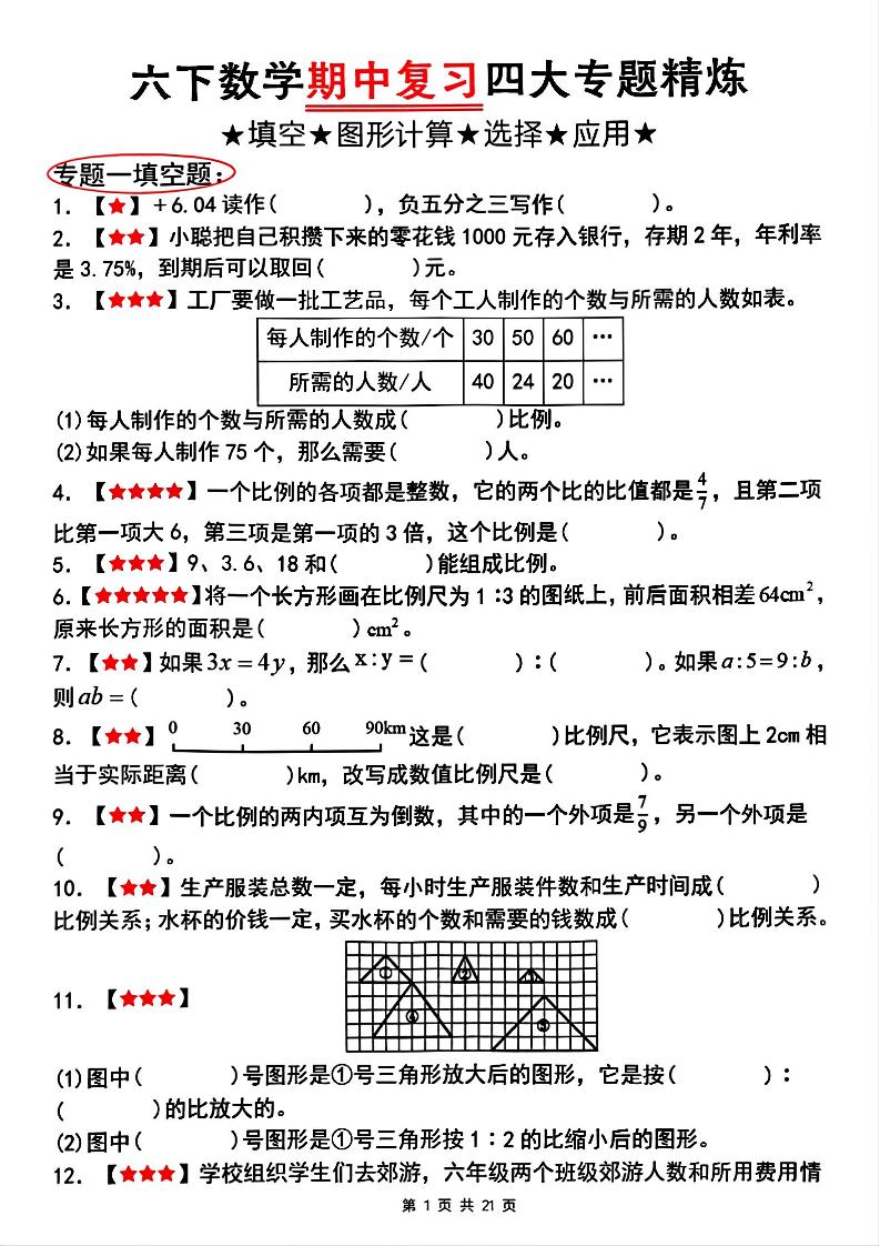 【人教版】六年级下册数学期中复习四大专题精炼（专题一：填空题）(已优化) - 奥一学习网 WWW.AYW.CC