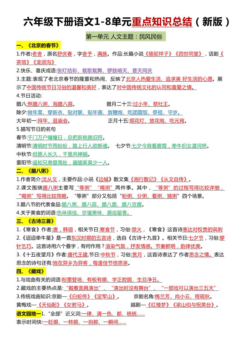 六年级下语文1-8单元常考知识点总结 - 奥一学习网 WWW.AYW.CC