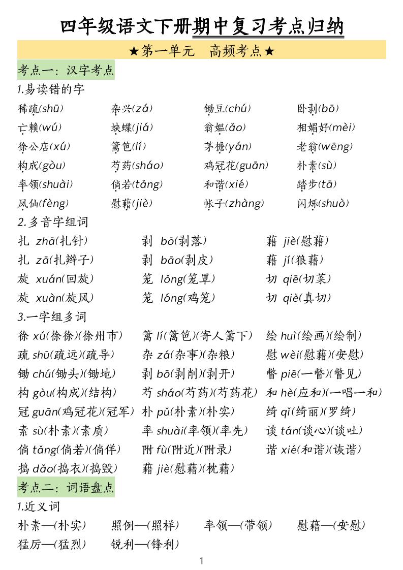 四年级下册语文期中常考知识点汇总(4) - 奥一学习网 WWW.AYW.CC