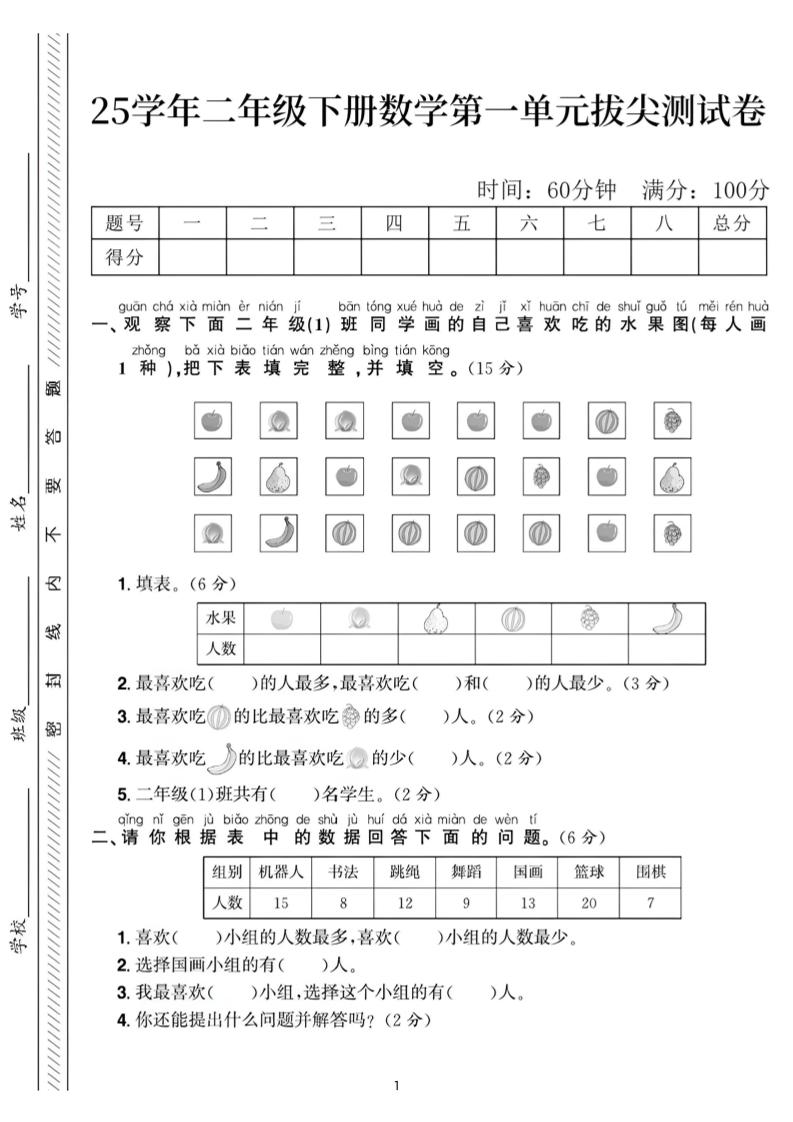 25二年级下册数学第一单元拔尖测试卷2（含答案5页）人教 - 奥一学习网 WWW.AYW.CC