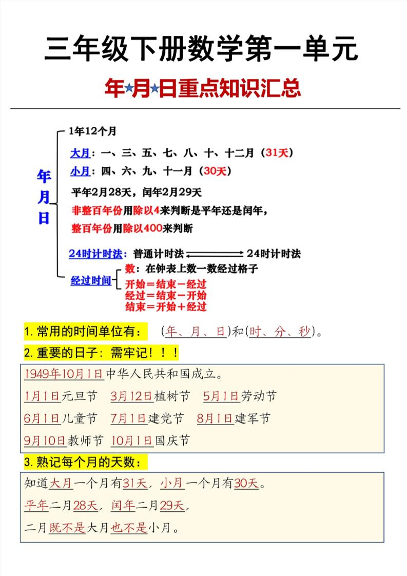 三年级下数学第6单元年月日重点知识汇总 - 奥一学习网 WWW.AYW.CC