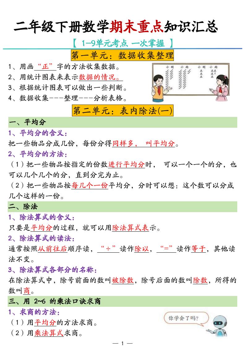 二年级下册数学期末重点知识汇总 - 奥一学习网 WWW.AYW.CC