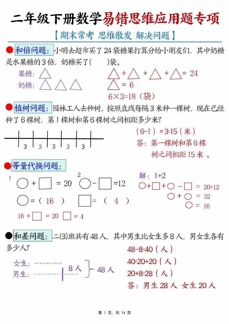 （期末常考30道母题）二年级下册数学易错思维应用题专项（练习题+答案） - 奥一学习网 WWW.AYW.CC