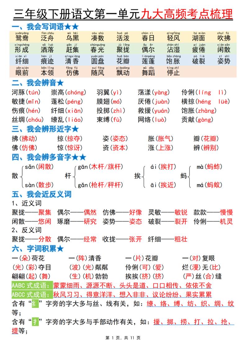 三下语文期中复习1-4单元高频考点梳理（11页） - 奥一学习网 WWW.AYW.CC