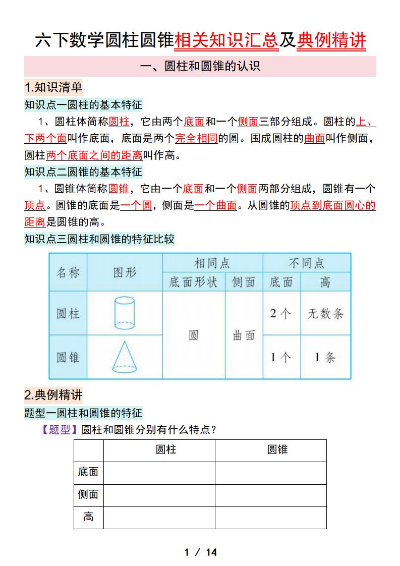 六下数学圆柱圆锥相关知识汇总及典例精讲 - 奥一学习网 WWW.AYW.CC