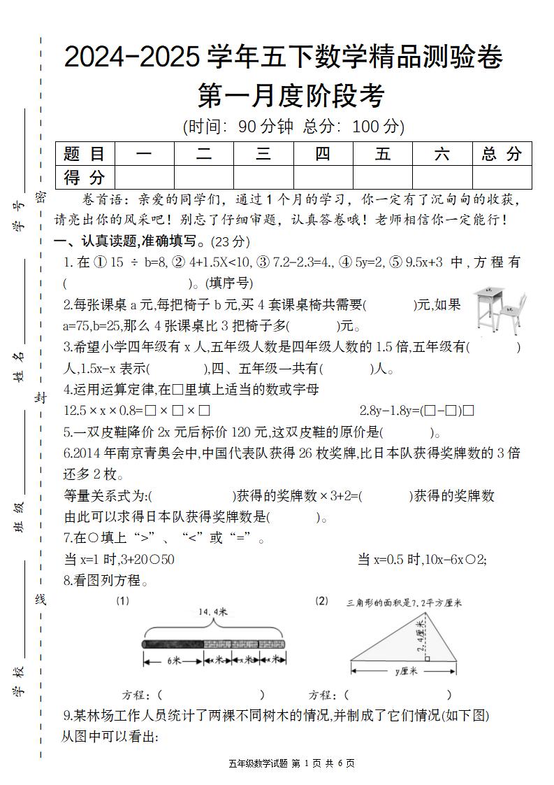 【苏教版】2024-2025学年五年级下册数学第一月度阶段考精品测验卷 - 奥一学习网 WWW.AYW.CC