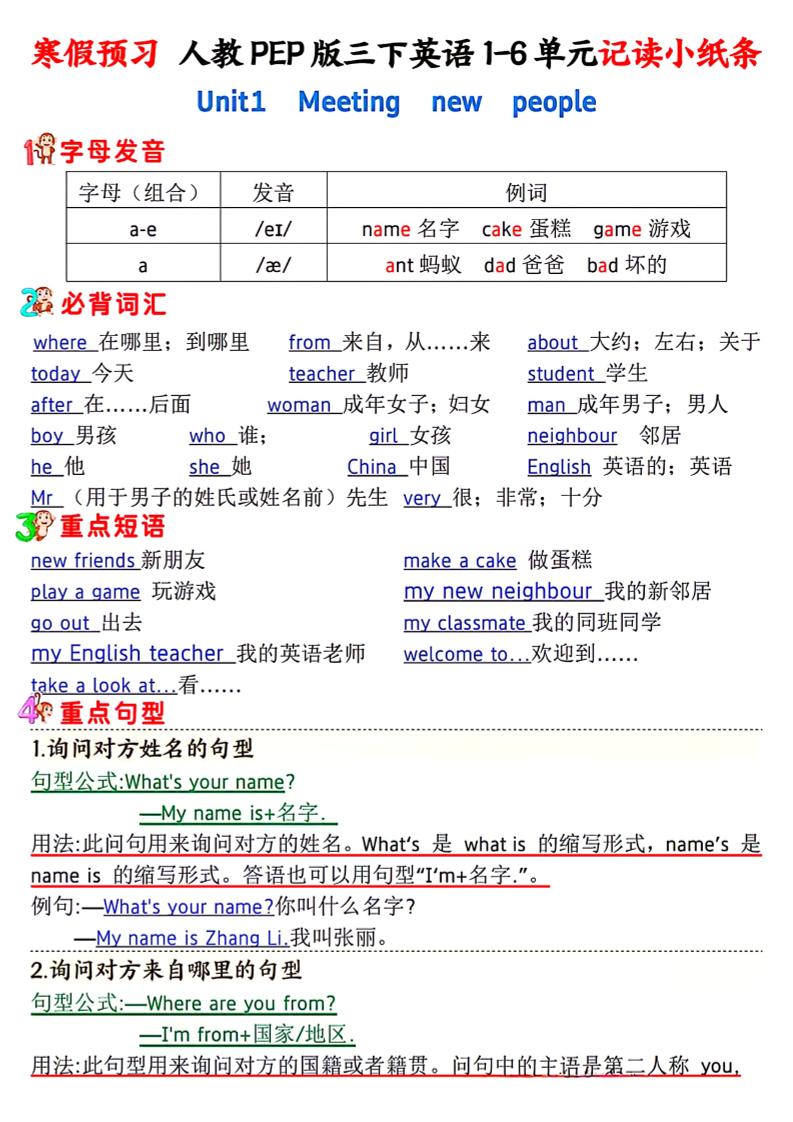 人教PEP版三年级下册英语1-6单元记读小纸条 - 奥一学习网 WWW.AYW.CC