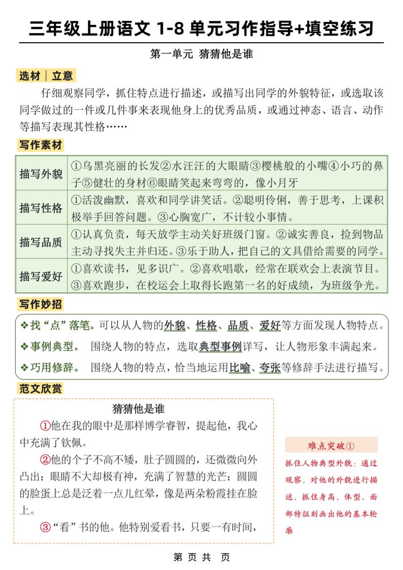 新三年级上册语文1-8单元作文习作指导+填空练习(32页) - 奥一学习网 WWW.AYW.CC