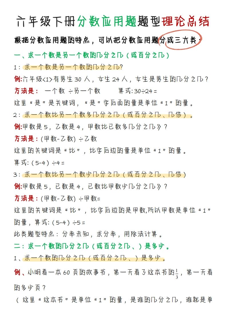 《分数应用题题型理论总结》六年级下册数学【北师版】 - 奥一学习网 WWW.AYW.CC