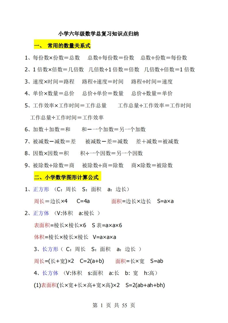 《小学六年级数学知识点归纳》六年级下册数学【北师版】 - 奥一学习网 WWW.AYW.CC