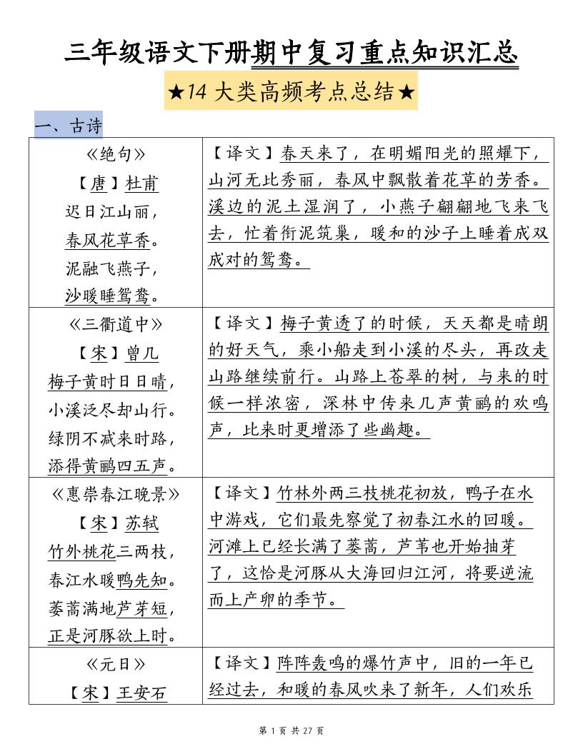 三年级下册语文期中复习重点知识汇总-14大高频考点 - 奥一学习网 WWW.AYW.CC