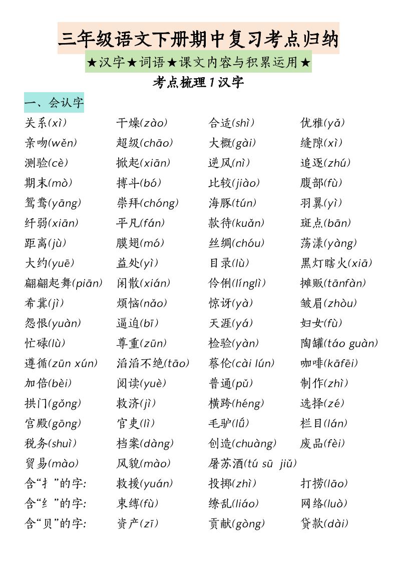 三年级下册语文期中复习（汉字★词语★课文内容与积累运用） - 奥一学习网 WWW.AYW.CC