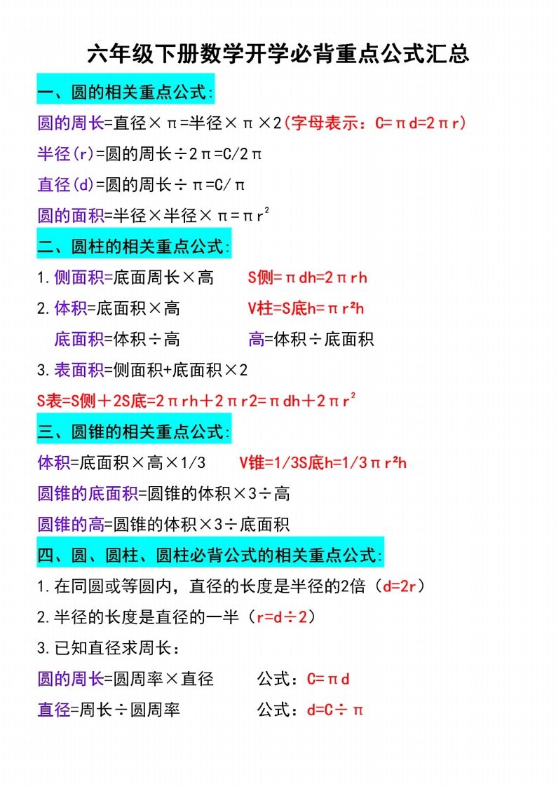 六年级下册数学必背重点公式汇总 - 奥一学习网 WWW.AYW.CC