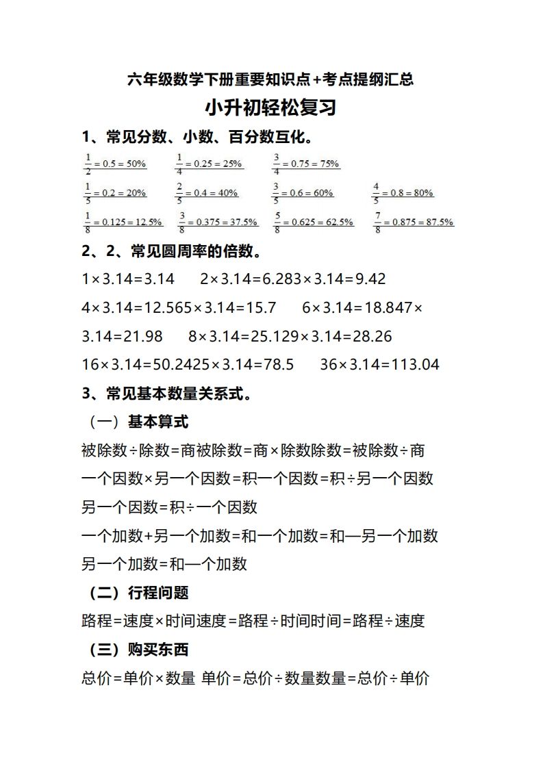 六年级下册数学重要知识点+考点提纲汇总(1) - 奥一学习网 WWW.AYW.CC