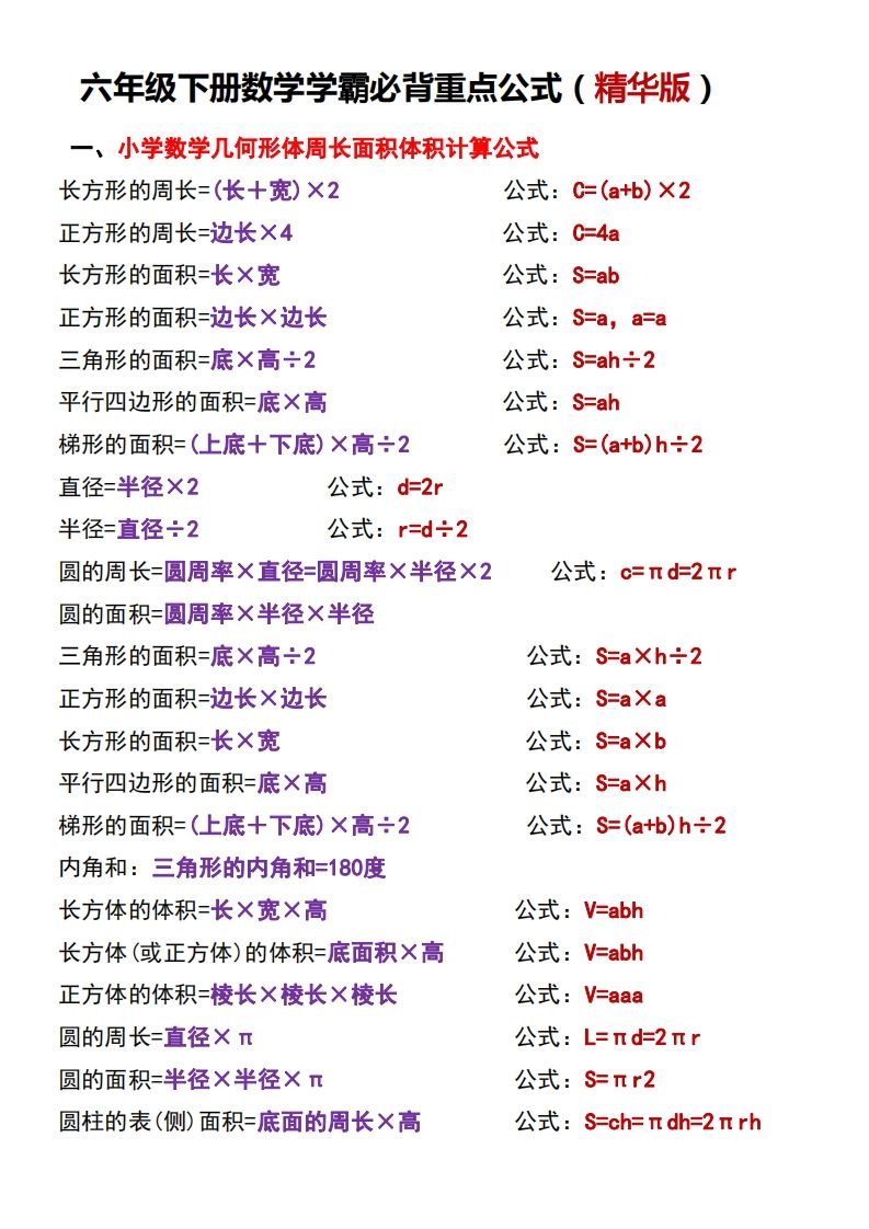 六年级下册数学学霸必背重点公式 - 奥一学习网 WWW.AYW.CC