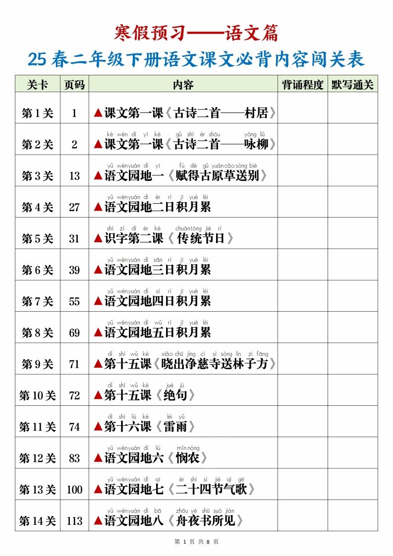 25春二年级下册语文课文必背内容闯关表+默写8页 - 奥一学习网 WWW.AYW.CC