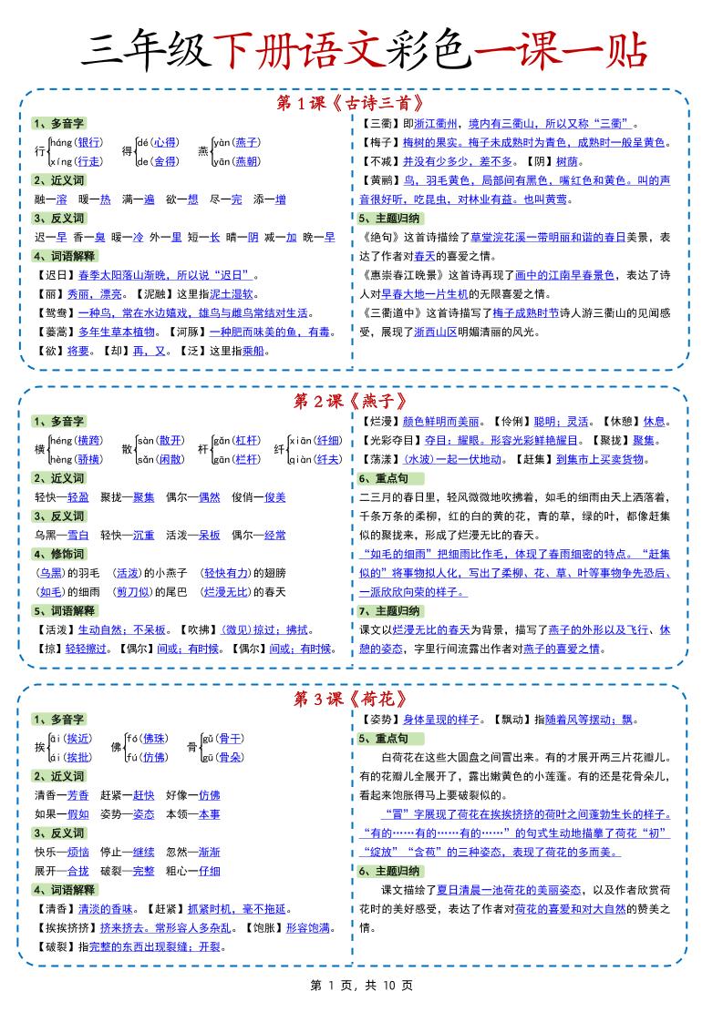 新版三下语文彩色一课一贴（课内重点课课贴）10页 - 奥一学习网 WWW.AYW.CC