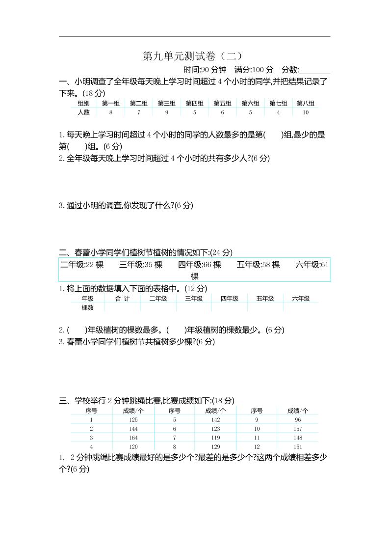 三年级下册苏教版数学第九单元检测卷-2 - 奥一学习网 WWW.AYW.CC