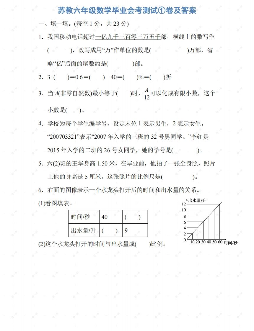 苏教六年级数学下册期末测试①卷及答案 - 奥一学习网 WWW.AYW.CC