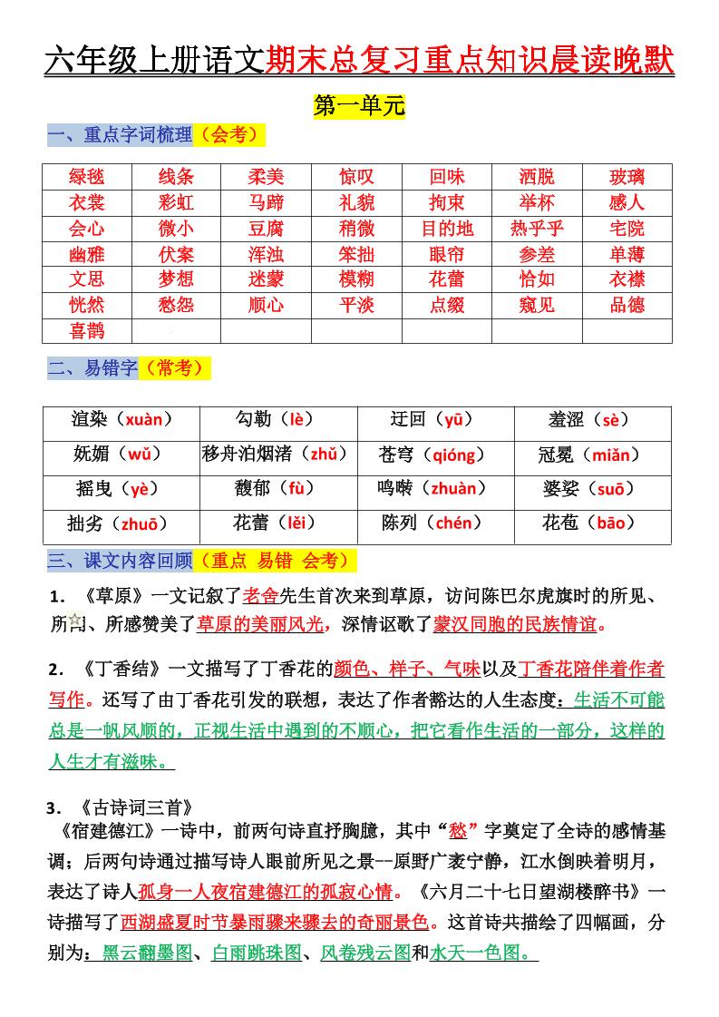 六年级上册语文复习重点晨读单(16页) - 奥一学习网 WWW.AYW.CC
