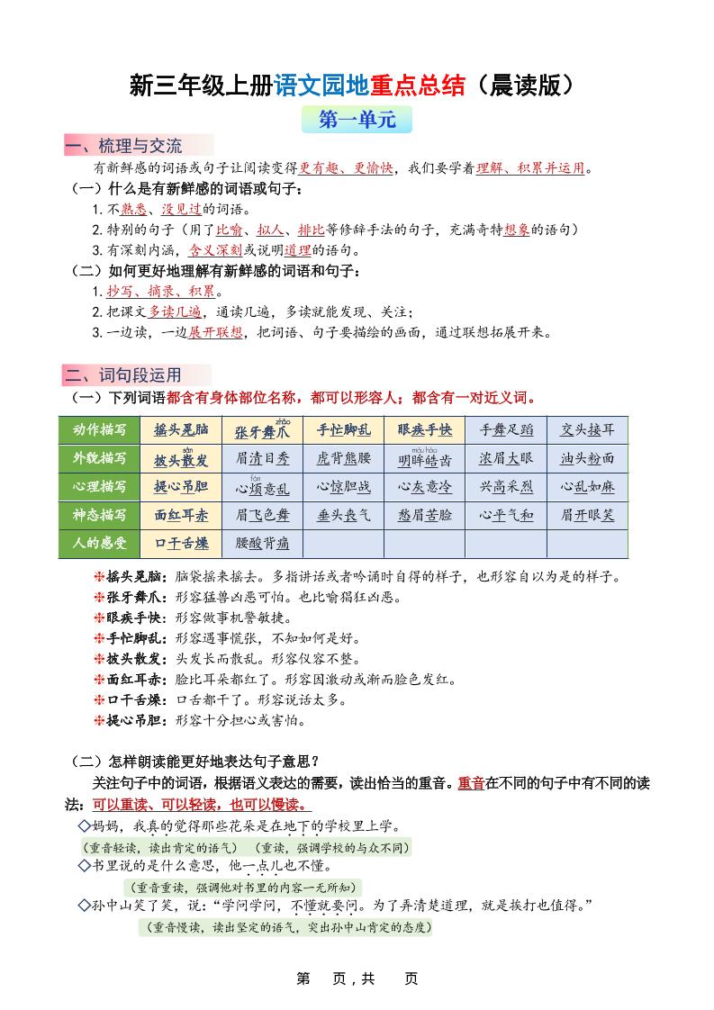 新三年级上册语文1-8单元语文园地重点总结（晨读晚练）20页 - 奥一学习网 WWW.AYW.CC