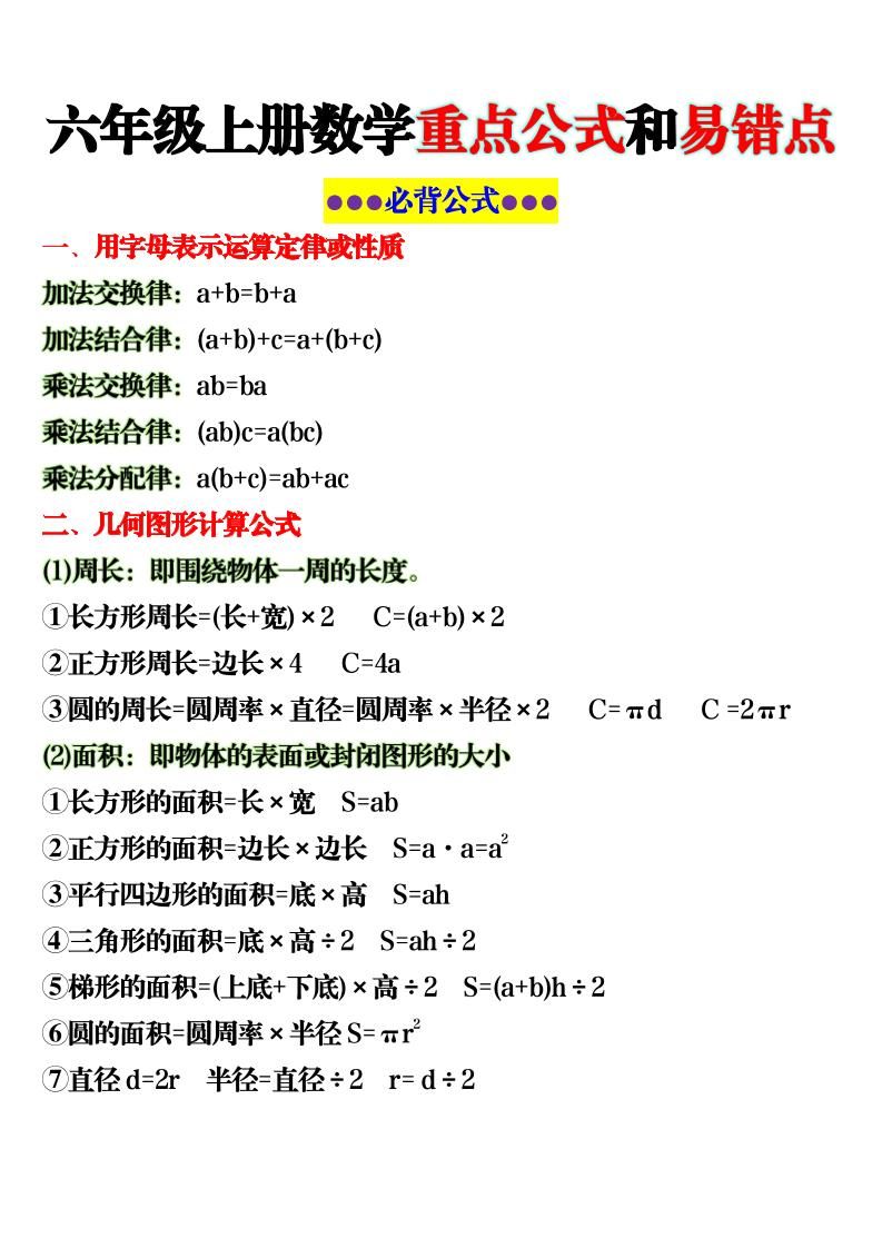 六年级上册数学重点公式和易错点6页 - 奥一学习网 WWW.AYW.CC