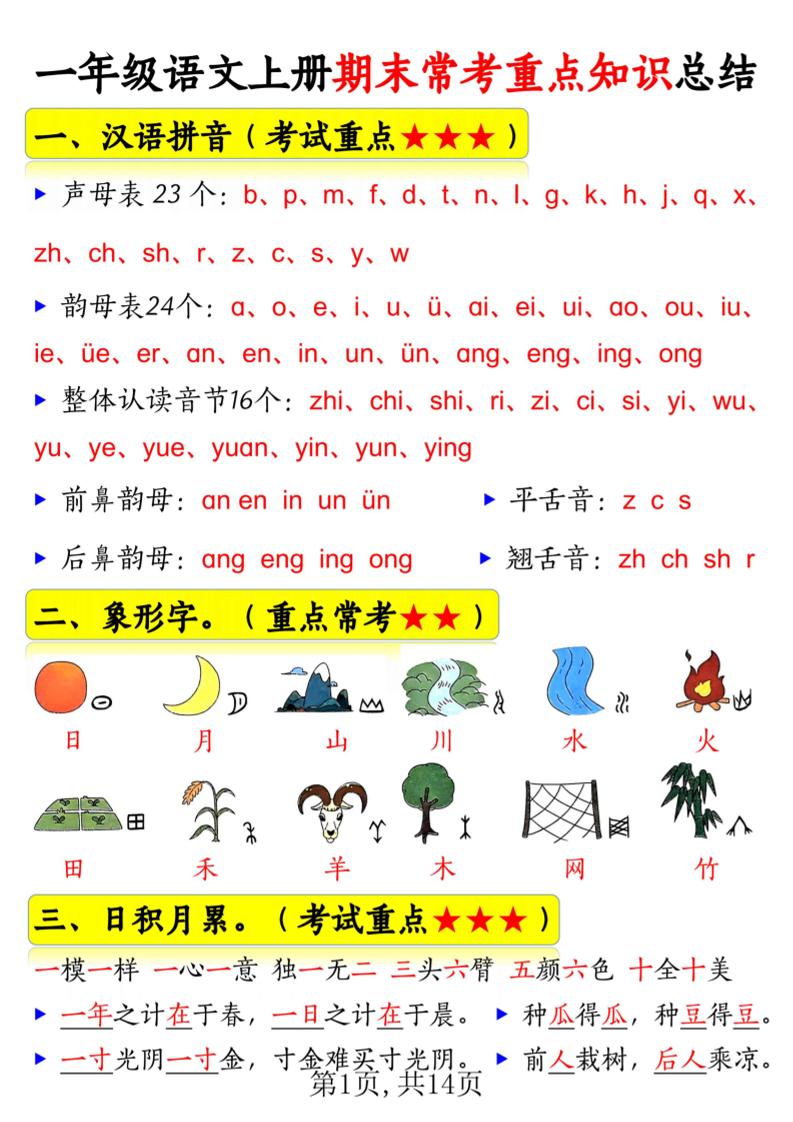 新一年级上册语文期末常考重点知识总结（15考点）14页 - 奥一学习网 WWW.AYW.CC