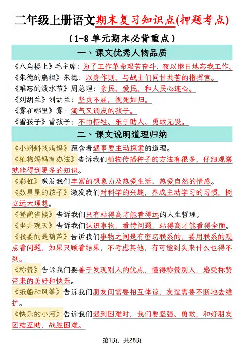 二年级上语文期末复习知识点(押题考点) - 奥一学习网 WWW.AYW.CC