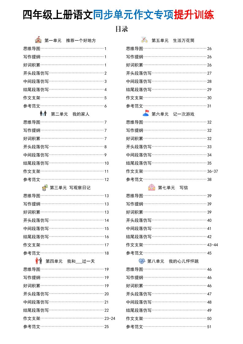 新四年级上册语文同步单元作文专项提升训练（52页） - 奥一学习网 WWW.AYW.CC