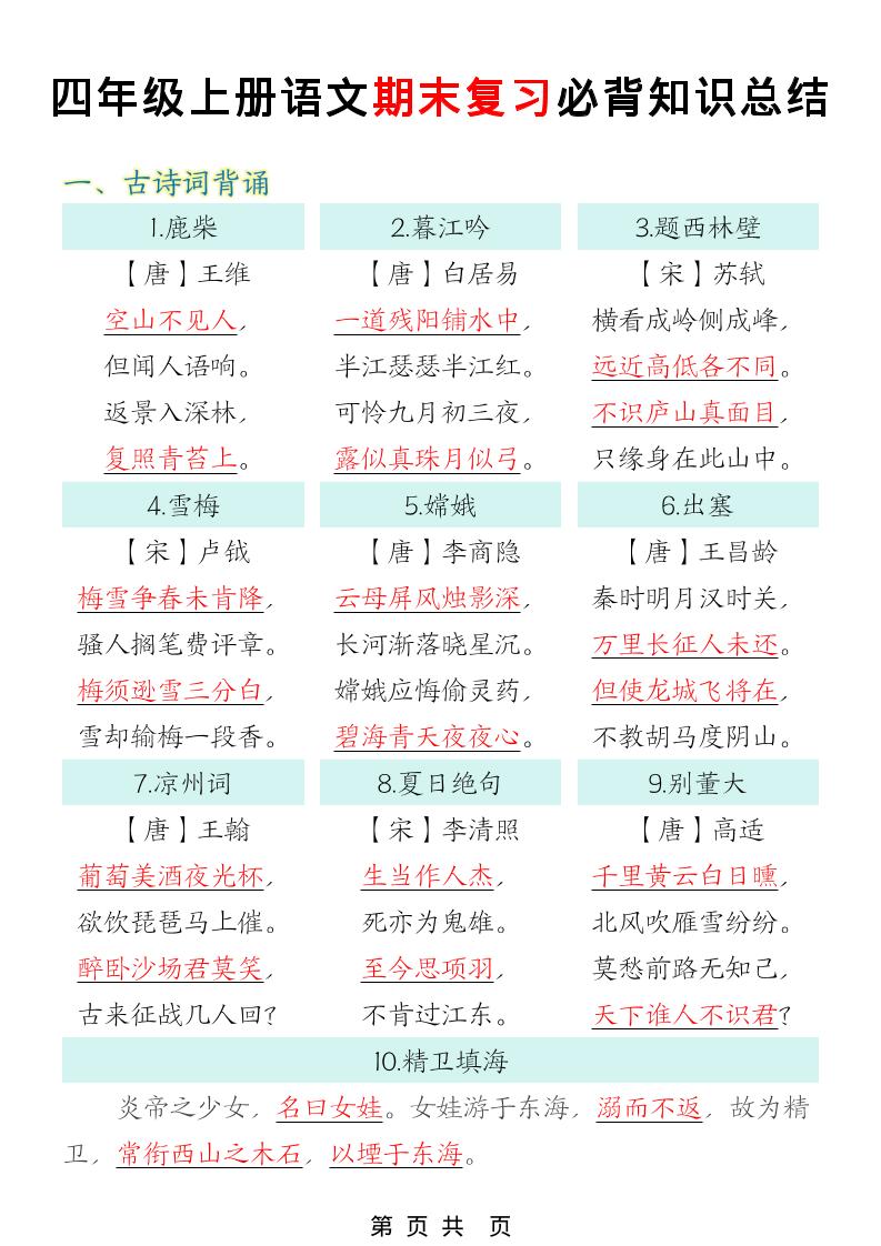 四年级上语文期末复习必背知识总结 - 奥一学习网 WWW.AYW.CC