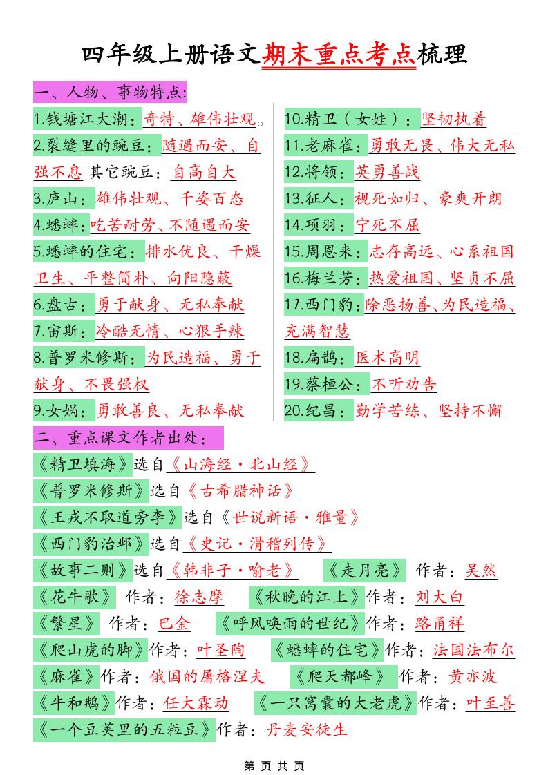 四年级上语文期末重点考点梳理 - 奥一学习网 WWW.AYW.CC