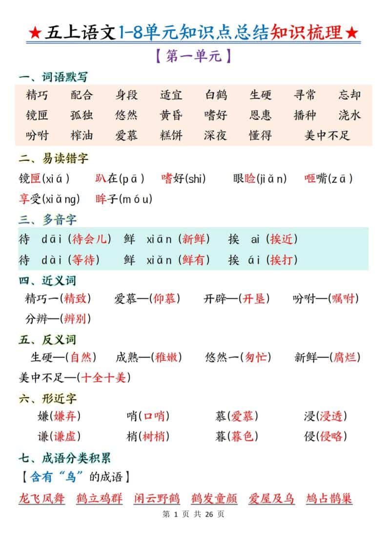 五年级上语文1-8单元知识点总结知识梳理 - 奥一学习网 WWW.AYW.CC