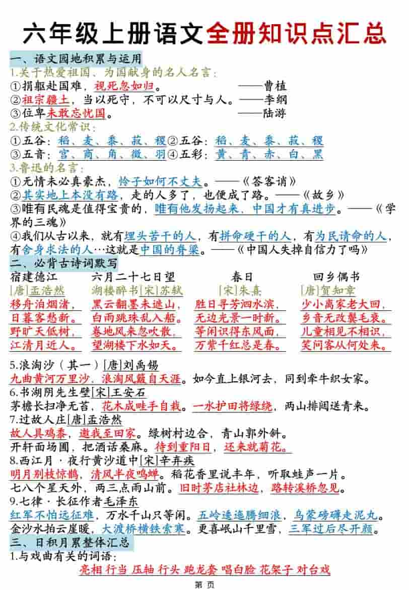 六年级上语文全册知识点汇总 - 奥一学习网 WWW.AYW.CC