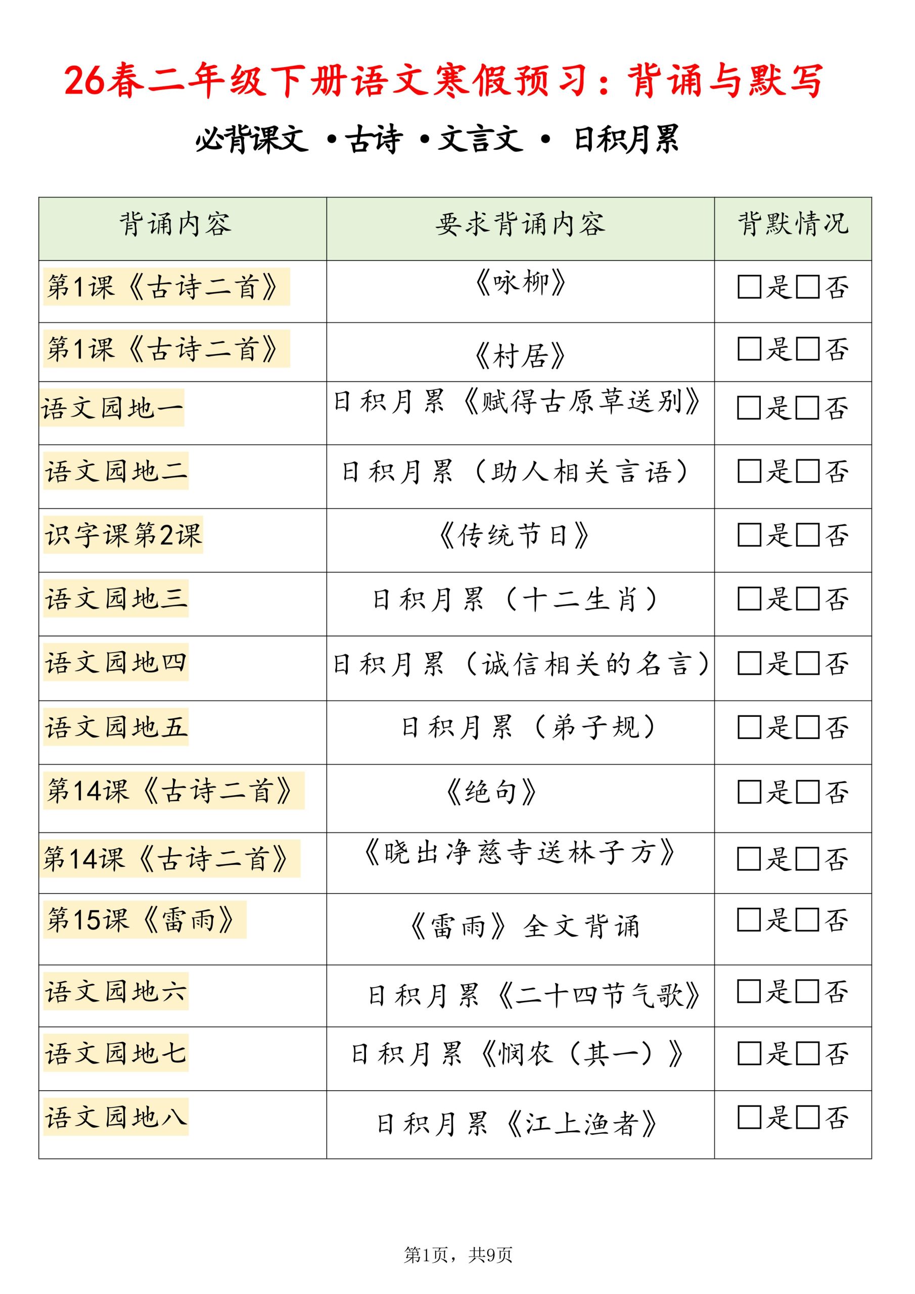 26春二年级下册语文寒假预习背诵与默写（必背课文、古诗、文言文、日积月累）9页 - 奥一学习网 WWW.AYW.CC