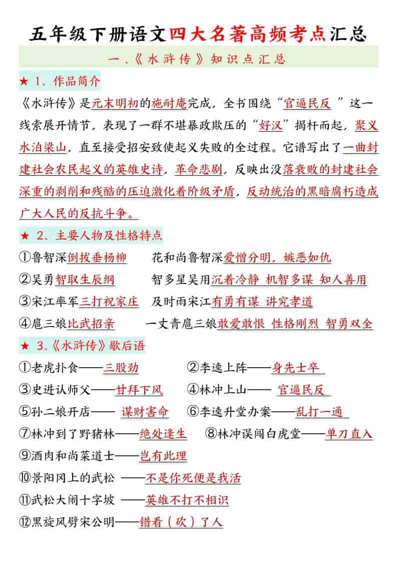 五年级下语文四大名著高频考点 - 奥一学习网 WWW.AYW.CC