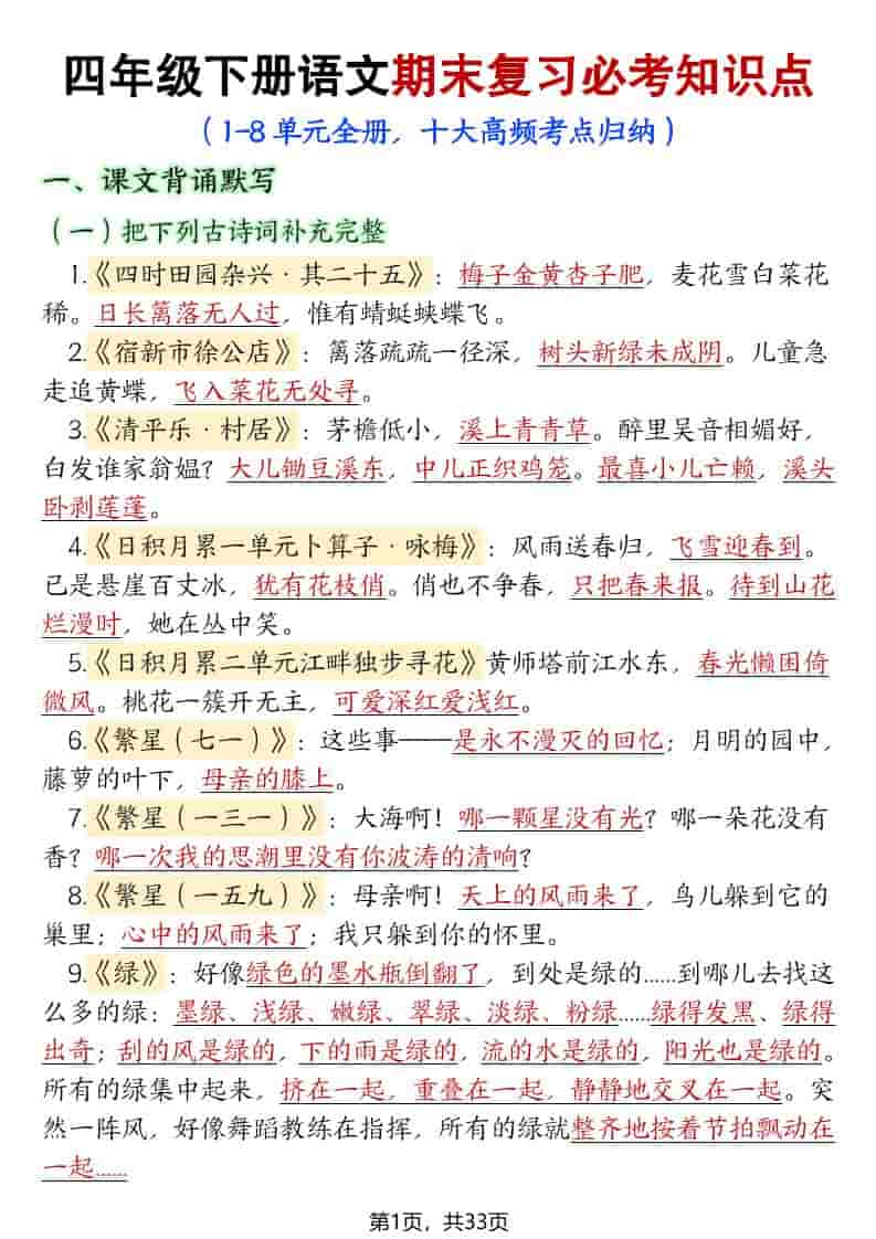 四年级下语文期末复习必考知识点（十大高频考点归纳） - 奥一学习网 WWW.AYW.CC