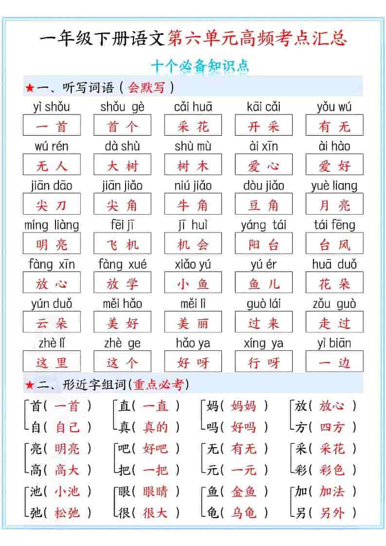 一年级下语文第六单元高频考点汇总 - 奥一学习网 WWW.AYW.CC