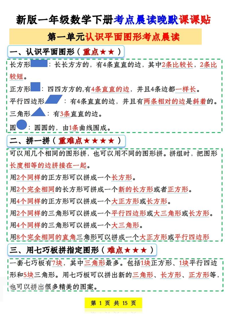 一年级下数学考点晨读晚默课课贴 - 奥一学习网 WWW.AYW.CC